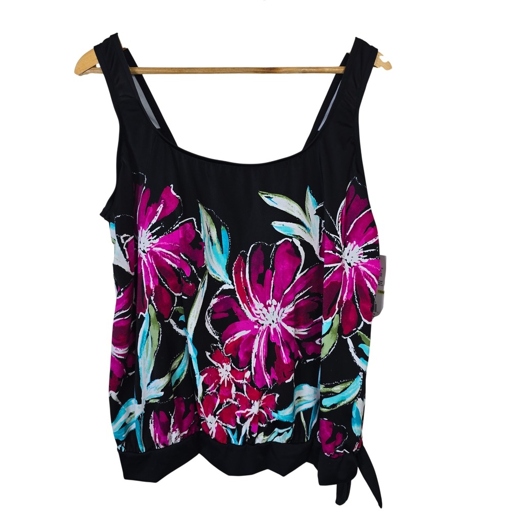 Maxine of Hollywood Women 18W Tankini Top Black Floral In Full Bloom NWT